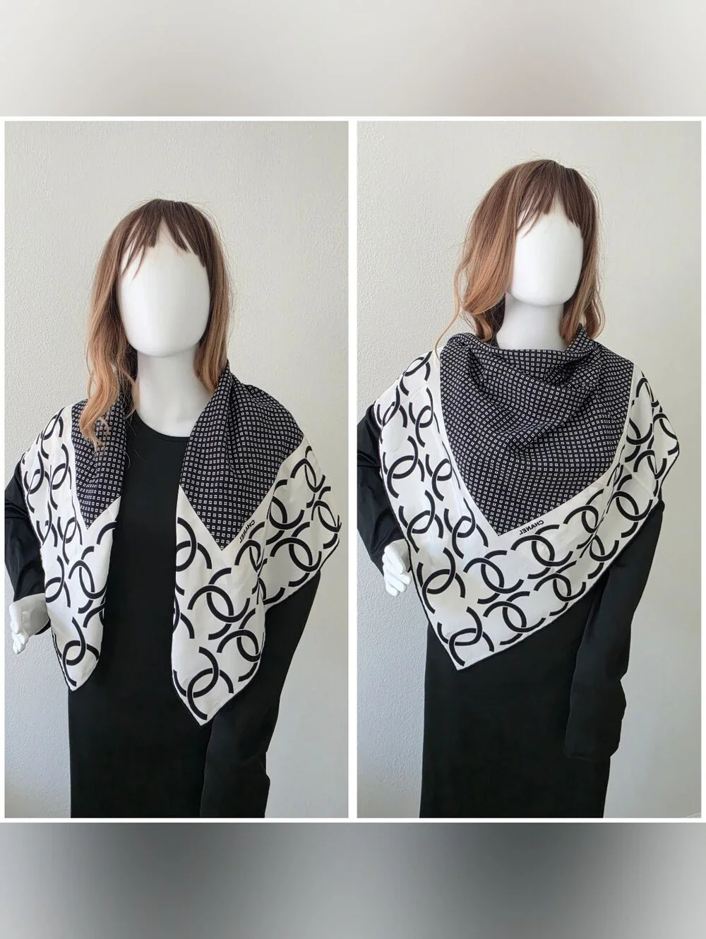 CHANEL Black & White Interlocking CC Silk Scarf